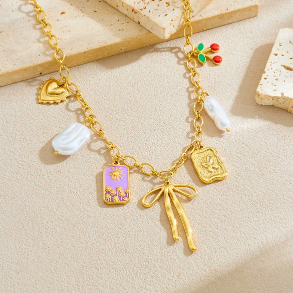 Wholesale Women's Creamy Sweet Style Bow Tie Pattern Square Goldplated Stainless Steel Pendant Necklace With O Word Chain