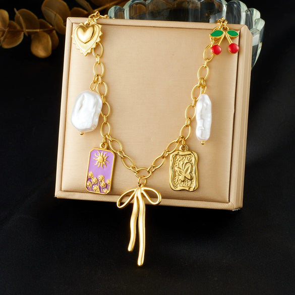 Wholesale Women's Creamy Sweet Style Bow Tie Pattern Square Goldplated Stainless Steel Pendant Necklace With O Word Chain