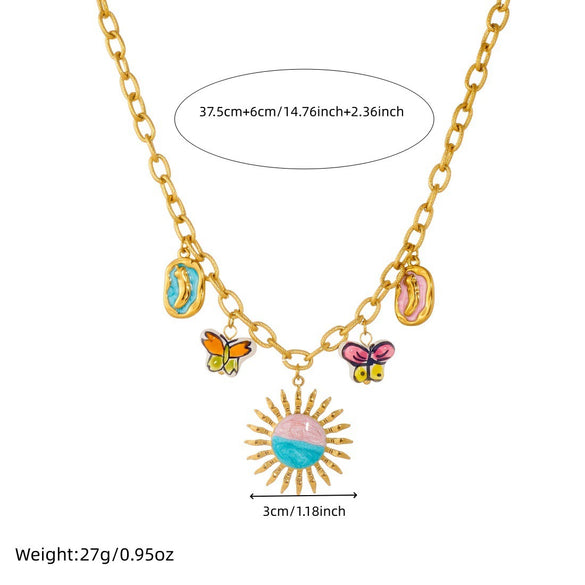 Wholesale Women's Creamy Sweet Style Electroplated Stainless Steel Insect Pattern Butterfly Pendant Necklace With Cross Round Chain