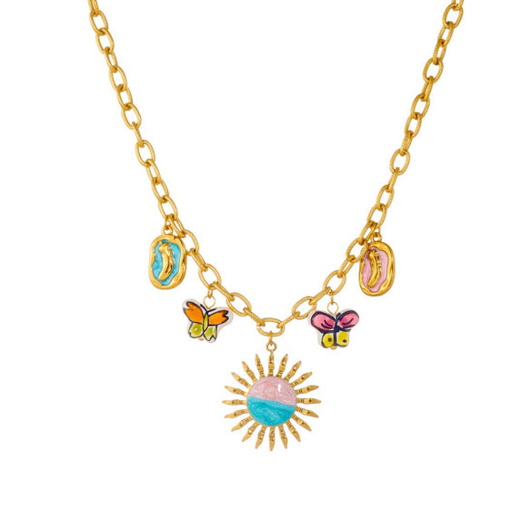 Wholesale Women's Creamy Sweet Style Electroplated Stainless Steel Insect Pattern Butterfly Pendant Necklace With Cross Round Chain