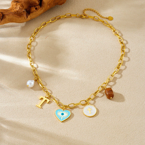 Wholesale Women's Creamy Sweet Style Heart Shape Cartoon Multielement Oil Dripping Love Eyes Letter Round Pendant Stainless Steel Electroplated Necklace With Flat Cross Chain