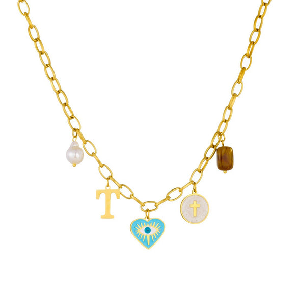 Wholesale Women's Creamy Sweet Style Heart Shape Cartoon Multielement Oil Dripping Love Eyes Letter Round Pendant Stainless Steel Electroplated Necklace With Flat Cross Chain
