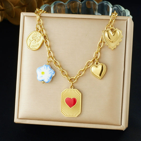 Wholesale Women's Creamy Sweet Style Heart Shape Stainless Steel Electroplated Pendant Chain Necklace