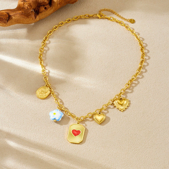 Wholesale Women's Creamy Sweet Style Heart Shape Stainless Steel Electroplated Pendant Chain Necklace