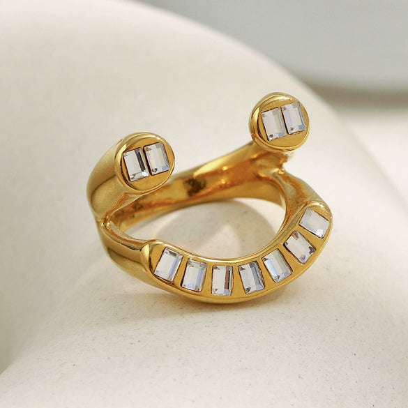 Wholesale Women's Creative Geometric Stainless Steel 18K Gold Plated Highend Asymmetrical Zircon Ring Hand Jewelry