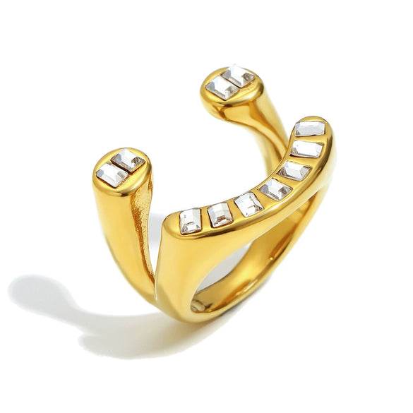 Wholesale Women's Creative Geometric Stainless Steel 18K Gold Plated Highend Asymmetrical Zircon Ring Hand Jewelry