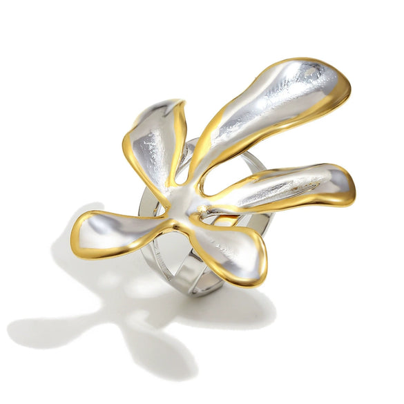 Wholesale Women's Creative Light Luxury Stainless Steel Electroplated Twocolor Flower Ring Hand Jewelry