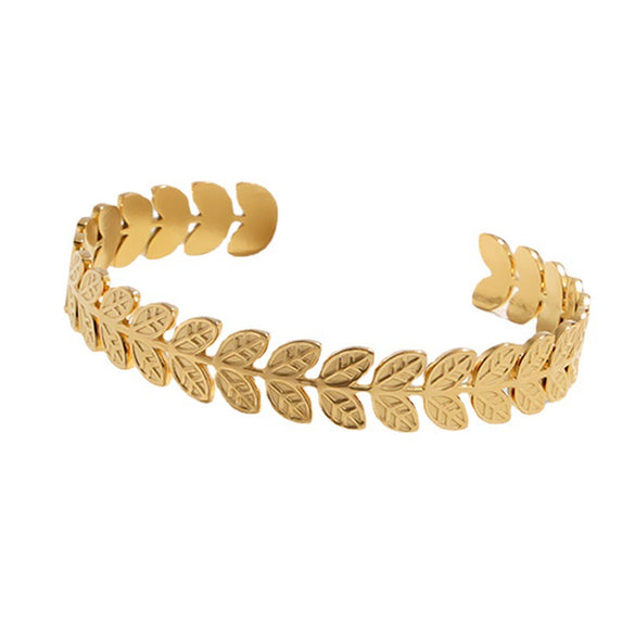 Wholesale Women's Creative Stainless Steel Leaf C Shaped Opening Adjustable 18K Gold Plated Bracelet With Electroplating Treatment