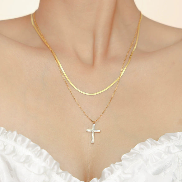 Wholesale Women's Creative Twill Cross Zircon Pendant Necklace With Stacked Titanium Steel Clavicle Chain Electroplated