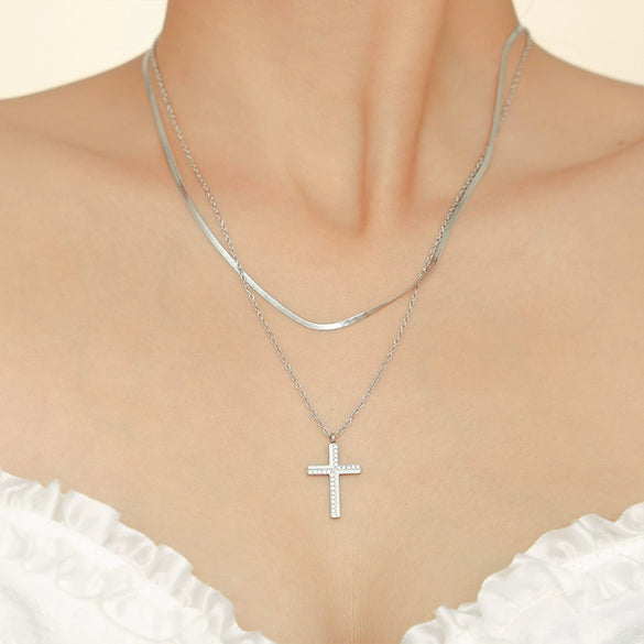 Wholesale Women's Creative Twill Cross Zircon Pendant Necklace With Stacked Titanium Steel Clavicle Chain Electroplated