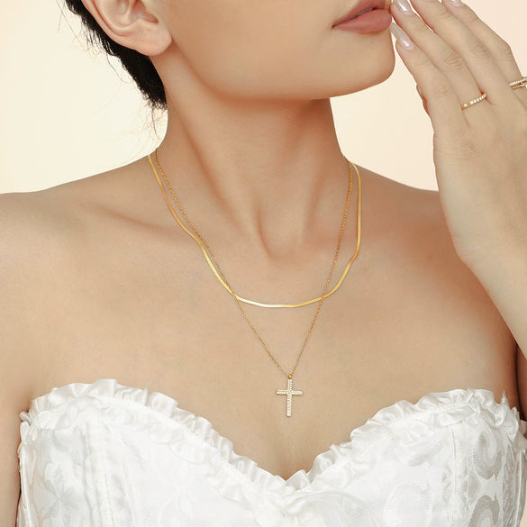 Wholesale Women's Creative Twill Cross Zircon Pendant Necklace With Stacked Titanium Steel Clavicle Chain Electroplated