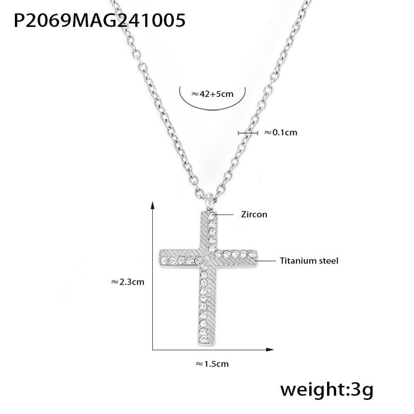 Wholesale Women's Creative Twill Cross Zircon Pendant Necklace With Stacked Titanium Steel Clavicle Chain Electroplated