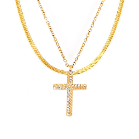 Wholesale Women's Creative Twill Cross Zircon Pendant Necklace With Stacked Titanium Steel Clavicle Chain Electroplated