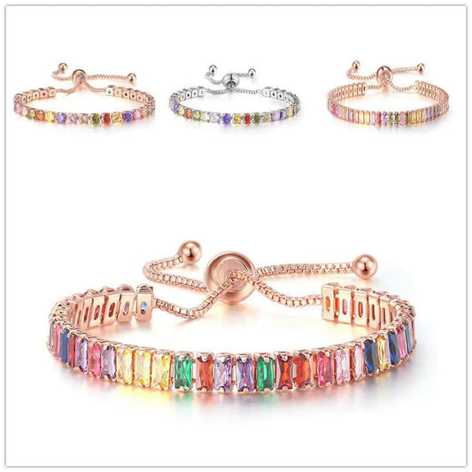 Wholesale Women's Crystal Tennis Bracelet With Colorful Zircon Copper Material Rhombus Shape Inlaid Zircon Process