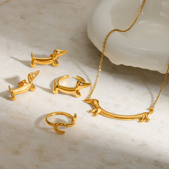 Wholesale Women's Cute Animal Stainless Steel Electroplated Jewelry Set With Bear Pig And Other Little Animal Patterns Including Necklace Ring Earrings And Bracelets
