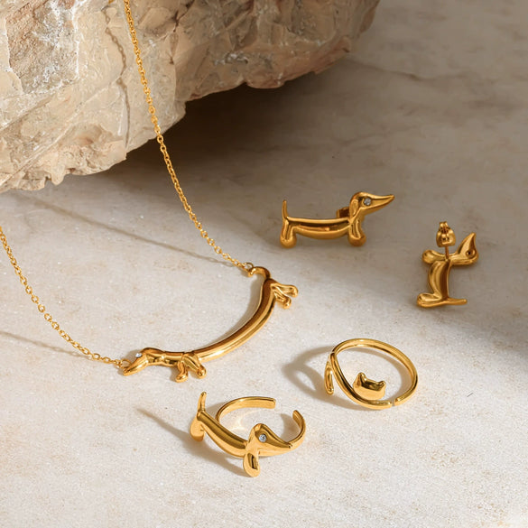 Wholesale Women's Cute Animal Stainless Steel Electroplated Jewelry Set With Bear Pig And Other Little Animal Patterns Including Necklace Ring Earrings And Bracelets