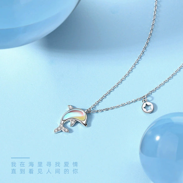 Wholesale Women's Cute Animal Zodiac Micro Inlaid 925 Sterling Silver Cross Chain Dolphin Love Necklace