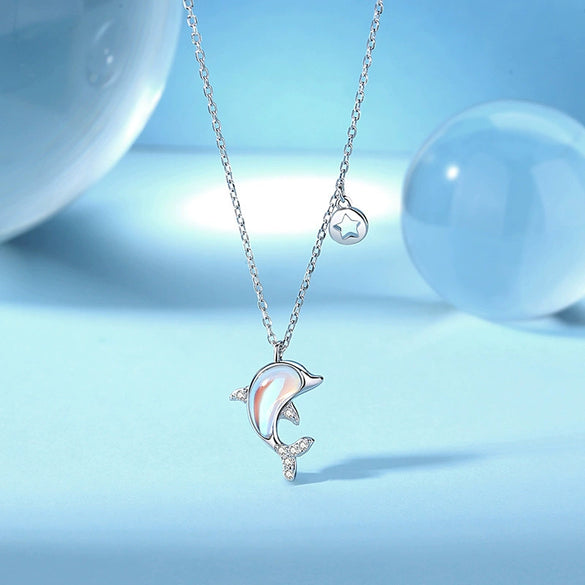 Wholesale Women's Cute Animal Zodiac Micro Inlaid 925 Sterling Silver Cross Chain Dolphin Love Necklace