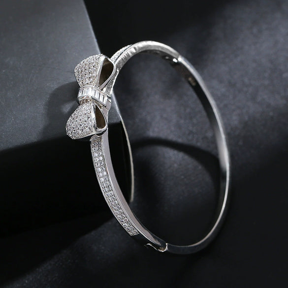 Wholesale Women's Cute Bow Simulation Drill Copper Platinum Plated Micro Inlaid Zircon Geometric Style Bracelet