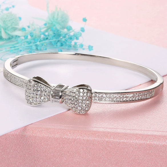 Wholesale Women's Cute Bow Simulation Drill Copper Platinum Plated Micro Inlaid Zircon Geometric Style Bracelet