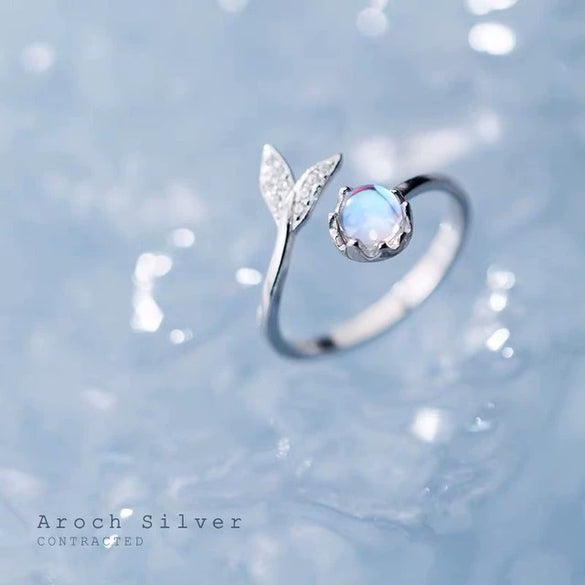 Wholesale Women's Cute Fishtail Open Ring In Moonlight Stone With Cartoon Style And Electroplating Process