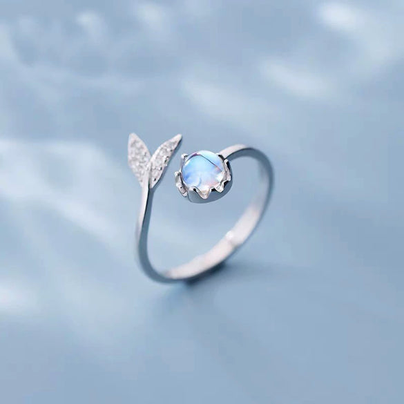 Wholesale Women's Cute Fishtail Open Ring In Moonlight Stone With Cartoon Style And Electroplating Process