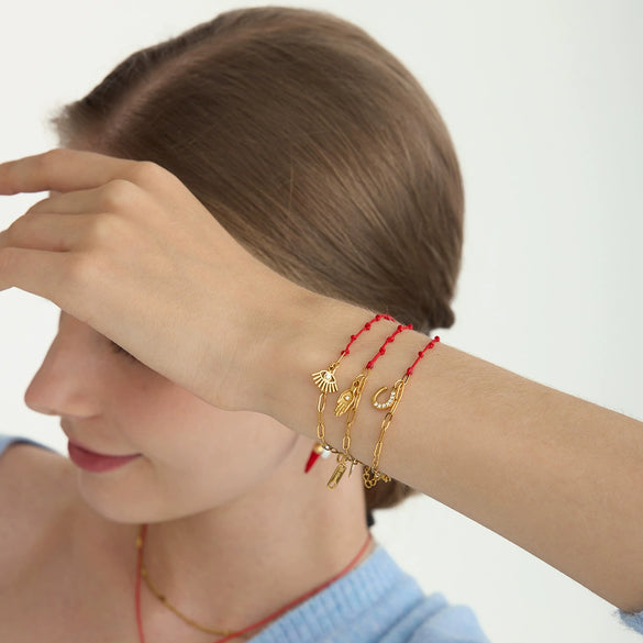 Wholesale Women's Cute Geometric Stainless Steel Electroplated Rhinestone Red Rope Bracelet Jewelry