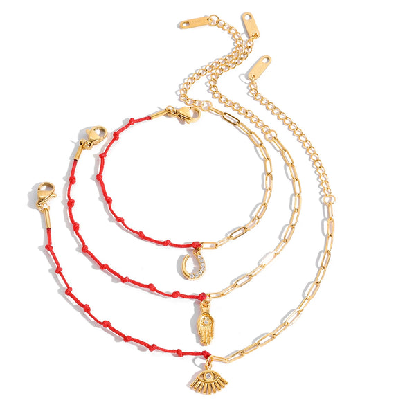 Wholesale Women's Cute Geometric Stainless Steel Electroplated Rhinestone Red Rope Bracelet Jewelry