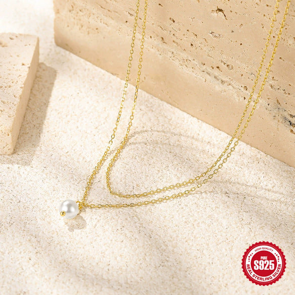 Wholesale Women's Daily Elegant Double Layer Stacked Basic Chain Pearl Necklace In 925 Sterling Silver With Geometric Styling And Electroplating Treatment