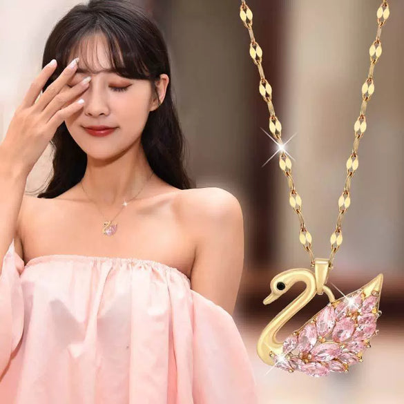 Wholesale Women's Deluxe Swan Titanium Steel Necklace With Inlaid Pink Zircon Light Luxury Style And Original Animal Design Set With Gems