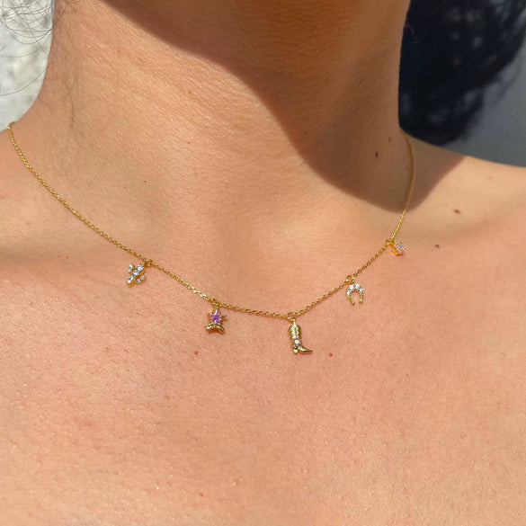 Wholesale Women's Denim Pendant Necklace Copper Mixed Gem Inlay Geometric Horseshoe Cowboy Hat Electroplating