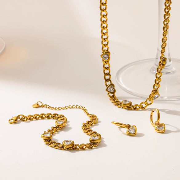 Wholesale Women's Diamondencrusted Love Jewelry Set Stainless Steel Cuban Chain Electroplated Bracelet Necklace Earrings Accessories