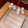 Wholesale Women's Diecast Silver Needle Blue Crystal Flower Pearl Earrings With Diamond Design And High Sense Style