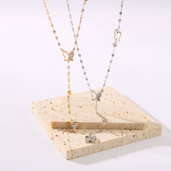 Wholesale Women's Distinctive Butterfly Inlaid Titanium Steel Clavicle Chain With Long Tail O Chain 18K Gold No Fading Electroplated In Furnace