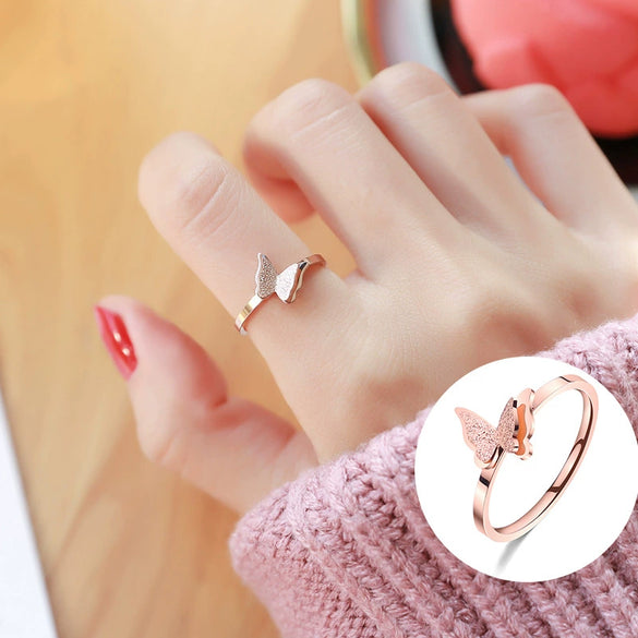 Wholesale Women's Double Frosted Electroplated Titanium Steel Butterfly Ring With Animal And Zodiac Patterns