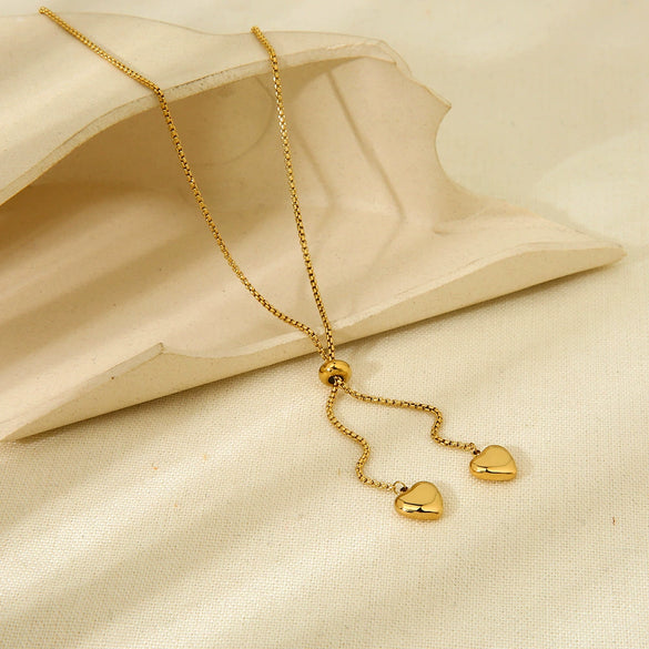 Wholesale Women's Double Heart Pendant Yshaped Adjustable Stainless Steel And Titanium Steel Necklace With Electroplating Design