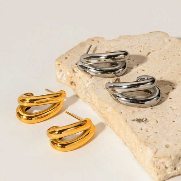Wholesale Women's Double Hollow C Shaped Stainless Steel Geometric Earrings With Electroplating