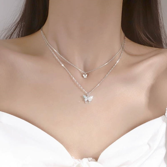 Wholesale Women's Double Layer Butterfly Sterling Silver Collarbone Necklace With Simple Elegant Niche Design And Fairy Style Cross Chain Diamond Designed Animal Patterned