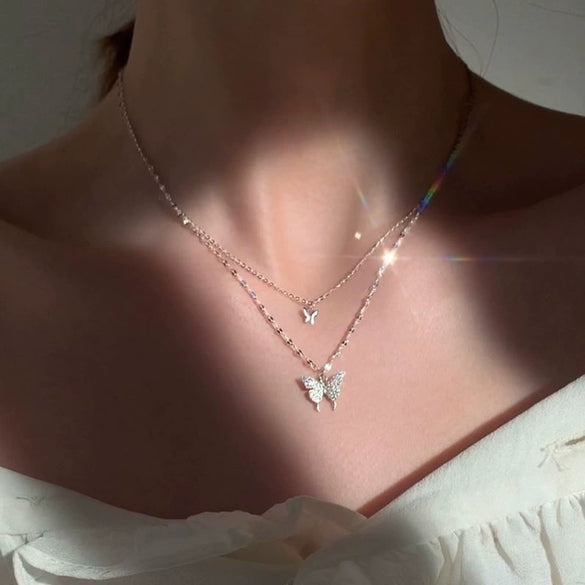 Wholesale Women's Double Layer Butterfly Sterling Silver Collarbone Necklace With Simple Elegant Niche Design And Fairy Style Cross Chain Diamond Designed Animal Patterned