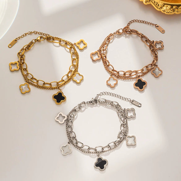 Wholesale Women's Double Layer Four Leaf Flower Titanium Steel Bracelet With Black And White Shellfish Design Electroplated For Fashion And Classic All Match