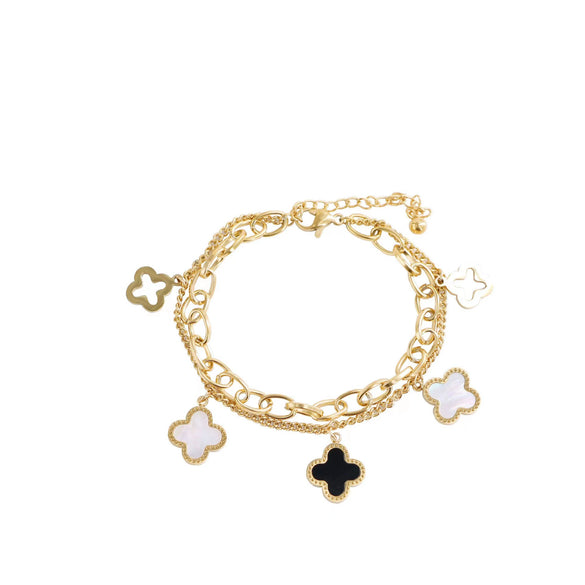 Wholesale Women's Double Layer Four Leaf Flower Titanium Steel Bracelet With Black And White Shellfish Design Electroplated For Fashion And Classic All Match