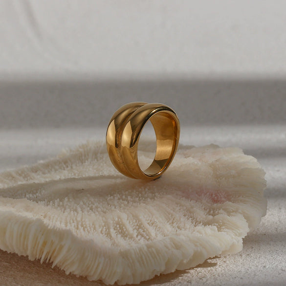 Wholesale Women's Double Layer Irregular Drum Ring In Stainless Steel With Geometric Style And Electroplating Treatment