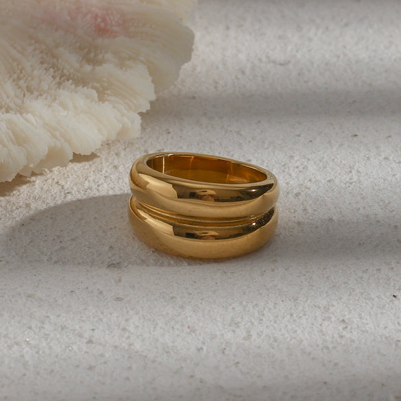 Wholesale Women's Double Layer Irregular Drum Ring In Stainless Steel With Geometric Style And Electroplating Treatment