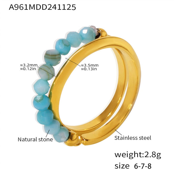 Wholesale Women's Double Layer Natural Stone Beaded Ring 316L Stainless Steel 18K Gold Plated Geometric Style