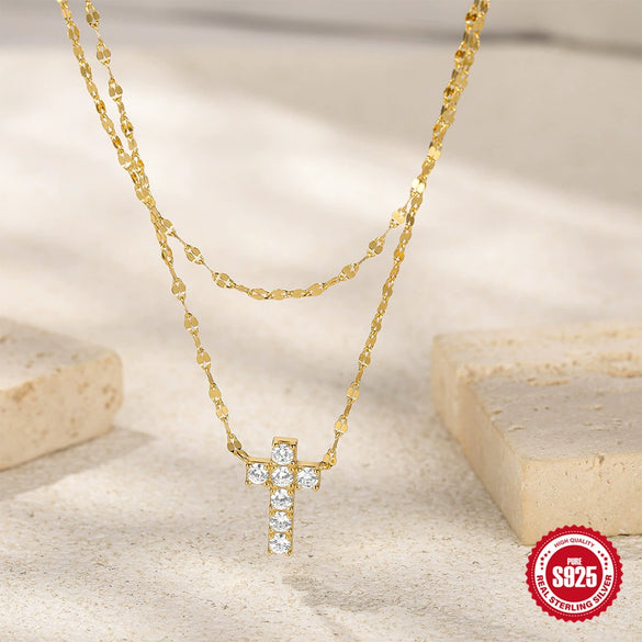 Wholesale Women's Double Layer Overlapped Cross And Diamondencrusted Double Tile Chain Necklace In S925 Sterling Silver With Electroplating