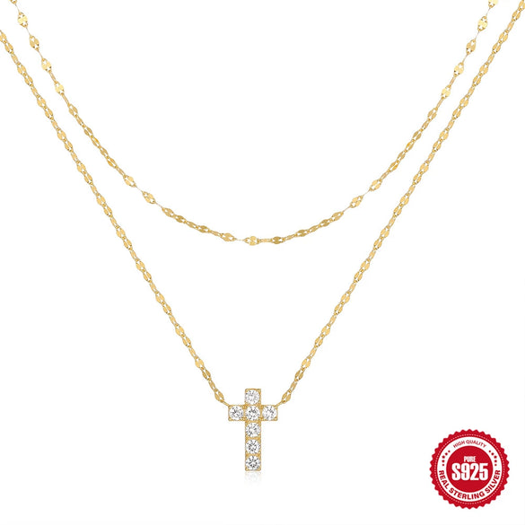 Wholesale Women's Double Layer Overlapped Cross And Diamondencrusted Double Tile Chain Necklace In S925 Sterling Silver With Electroplating