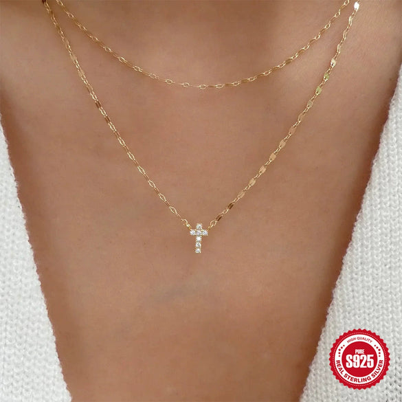 Wholesale Women's Double Layer Overlapped Cross And Diamondencrusted Double Tile Chain Necklace In S925 Sterling Silver With Electroplating
