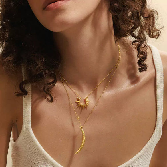 Wholesale Women's Double Layer Overlapping Sun Moon Devil's Eye Snake Necklace In Titanium Steel With Geometric Pattern And 18K True Gold Color Electroplated Finish