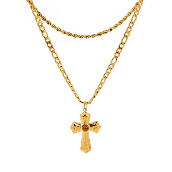 Wholesale Women's Double Layer Retro Fashion Cross Stainless Steel And Titanium Steel Necklace With Geometric Pattern And Electroplating Design