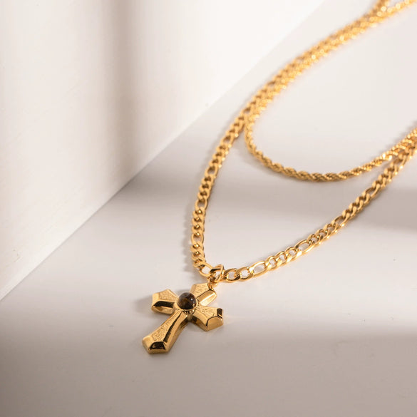 Wholesale Women's Double Layer Retro Fashion Cross Stainless Steel And Titanium Steel Necklace With Geometric Pattern And Electroplating Design